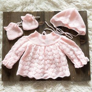 Adorable vintage pink baby girl set - knitted sweater, bonnet, and booties. Bran